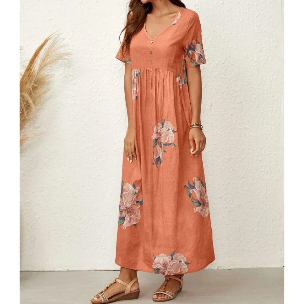 Coral Cotton Floral Maxi Dress - Picture 3 of 10